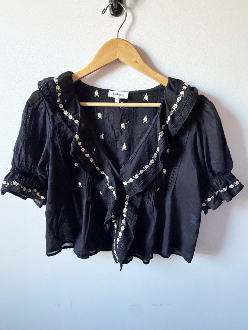 bohme Black Embroidered Ruffled Collar Short-Sleeve Blouse